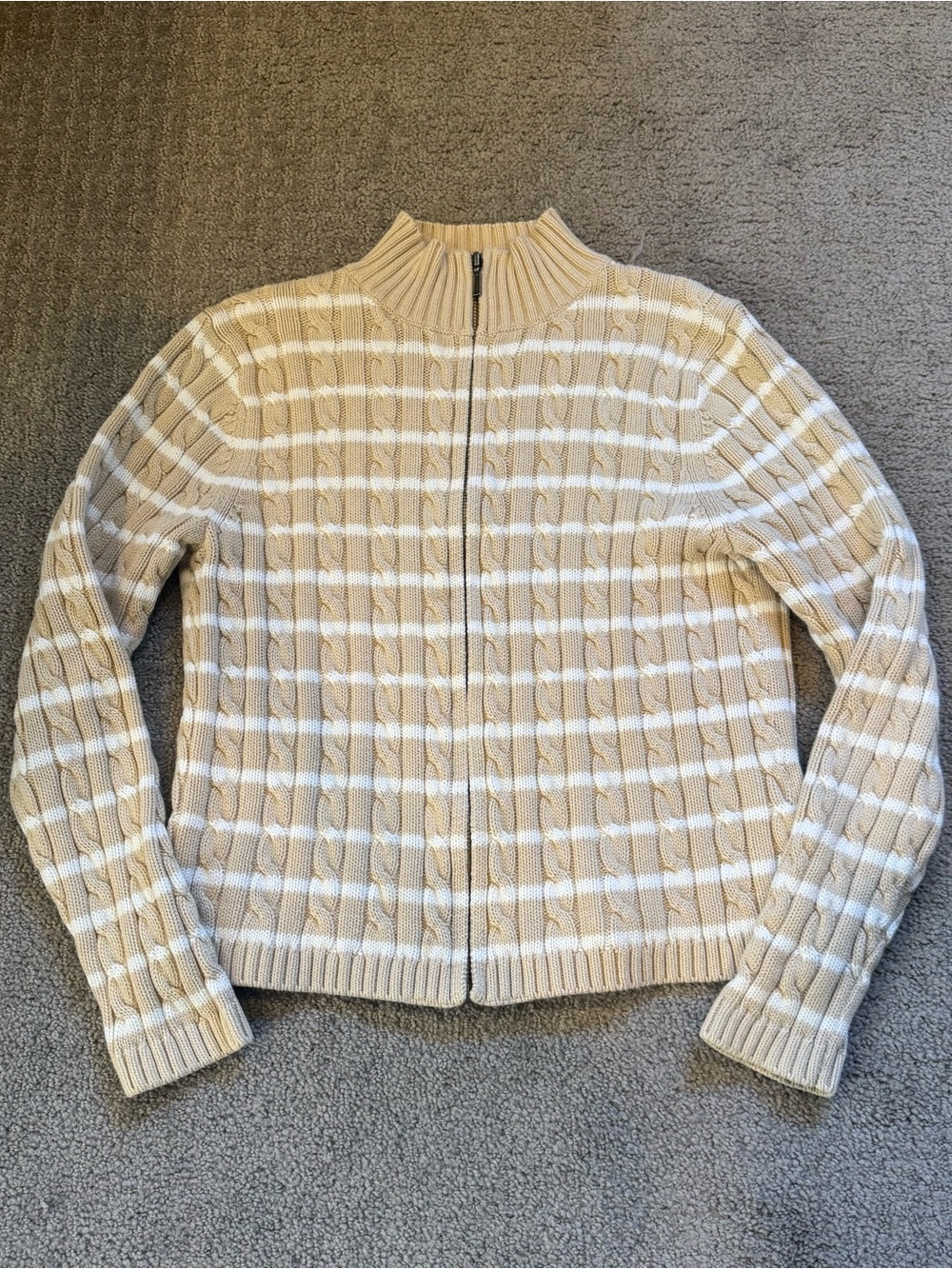 L.L. Bean Cream Striped Zip-Up Mock Neck Cardigan Sweater
